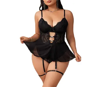 ZGQNBELLE Plus Size Sexy Lingerie Set Lace Skirted Teddy Bodysuit with Leg Rings 1XL-4XL Black Burgundy