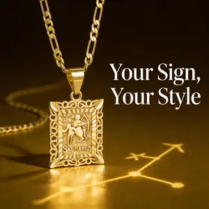 KissYan Zodiac Pendant Necklace for Women Men, 14K Gold Plated Square Constellation Sign Horoscope Figaro Chain Jewelry Birthday Gift Valentine's Day Gifts