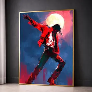 Michael Jackson Dance Pose Poster, Red Jacket Wall Art, Moonlight Silhouette Painting, Music Icon Poster, Home Decor Art Print