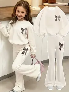 Girls' Leopard Print Bow Long Sleeve Fleece Hoodie and Flared Fleece Pants Casual Fashion Set, Cozy Fall and Winter for Outdoor Play