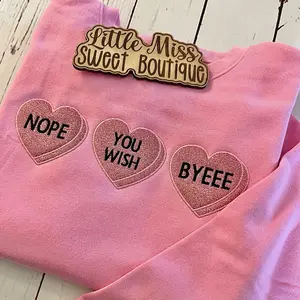 NOPE YOU WISH BYEEE Crewneck Pink Heart Embroidered Sweatshirt