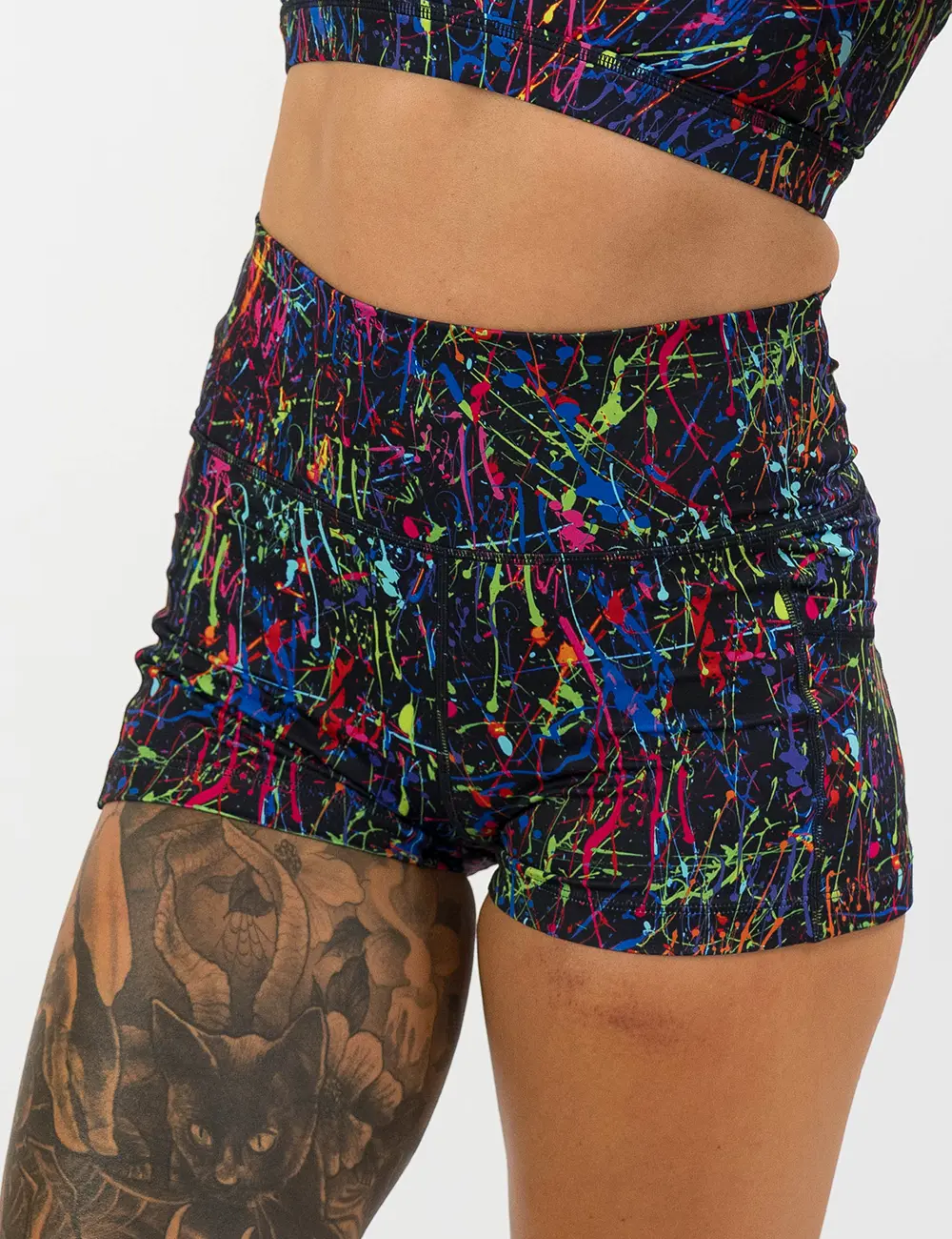 CVG Paint The Town High Waisted Compression Shorts for Women, Stretchy Spandex with Rainbow Splatter Print, Pockets & No-Slip Fit