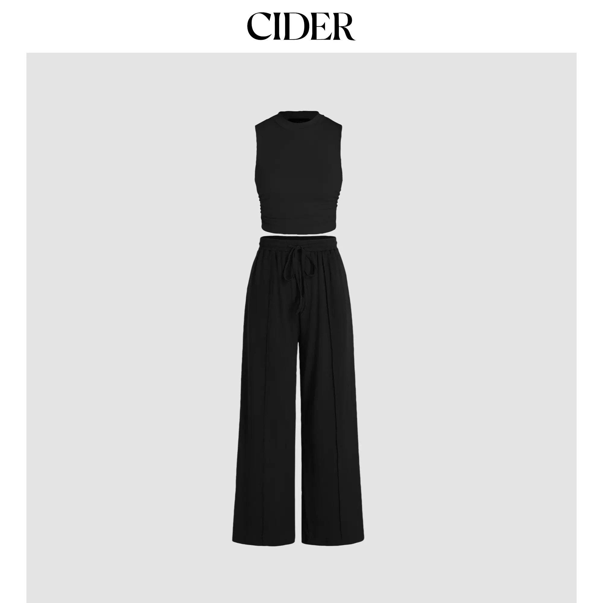 Cider [8 colors, size 0-26] Ruched Tank Crop Top & Elastic Waist Knotted Trousers Set