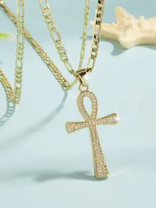 Fashion Hip Hop Ankh Cross Pendant Necklace, Luxurious Copper Plated 14k, 24 Inch Faux Cuban Link Elegant Chain, Unisex Daily Wear Jewelry Gift