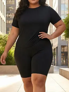 Women's Plus-Size 2-Piece Shortsleeve Sports Set - Round Neck Top, Solid Color Casual Shorts, Breathable Spring Summer Outfit for Outdoor Activities, Casual Shorts Set