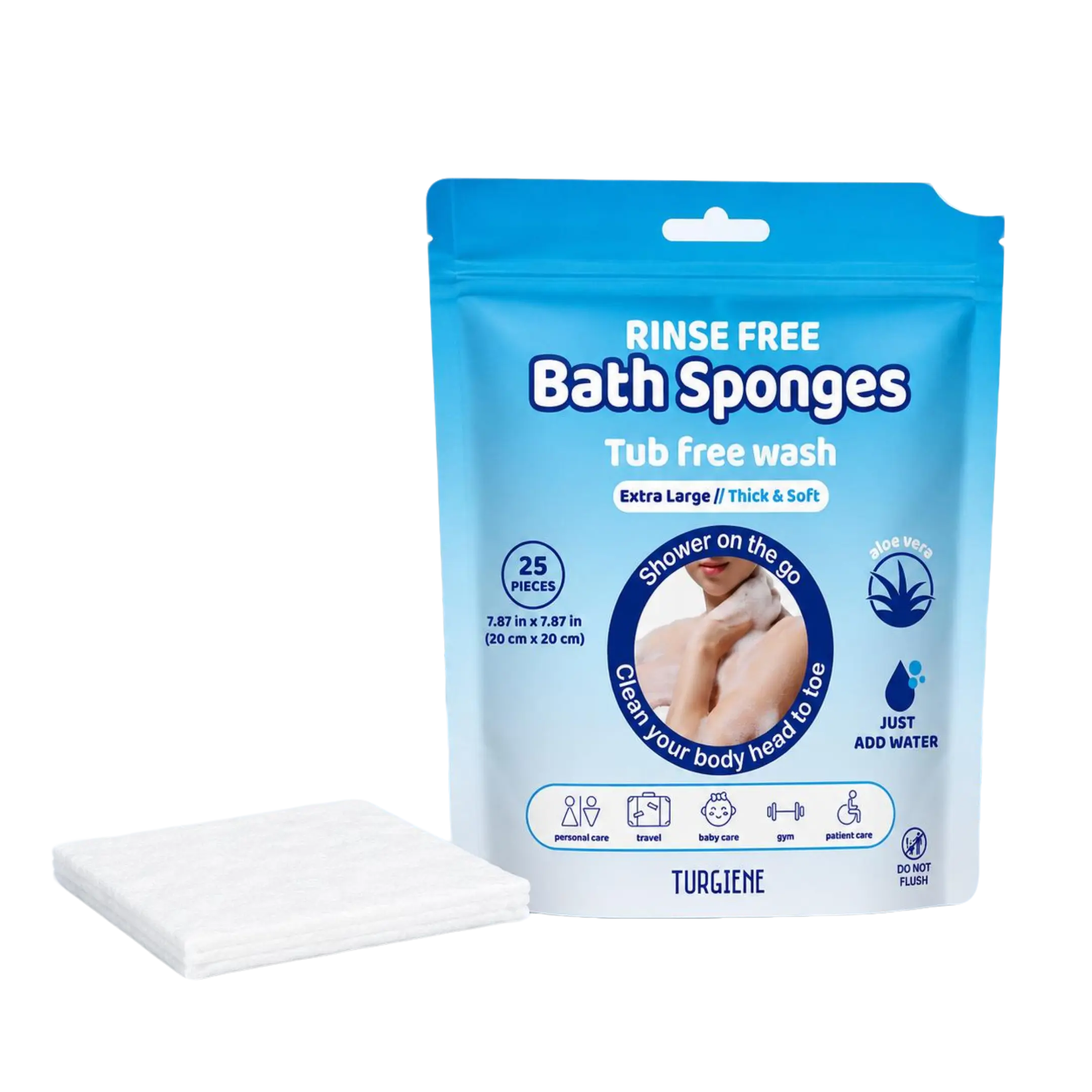 Turgiene Disposable No Rinse Bathing Wipes - All-in-1 Single Use Shower Wipes, Simply Dampen, Lather, and Dry Without Shampoo or Rinsing, Wipes for Travel, Camping, Gym, Unscented 25 Sponge