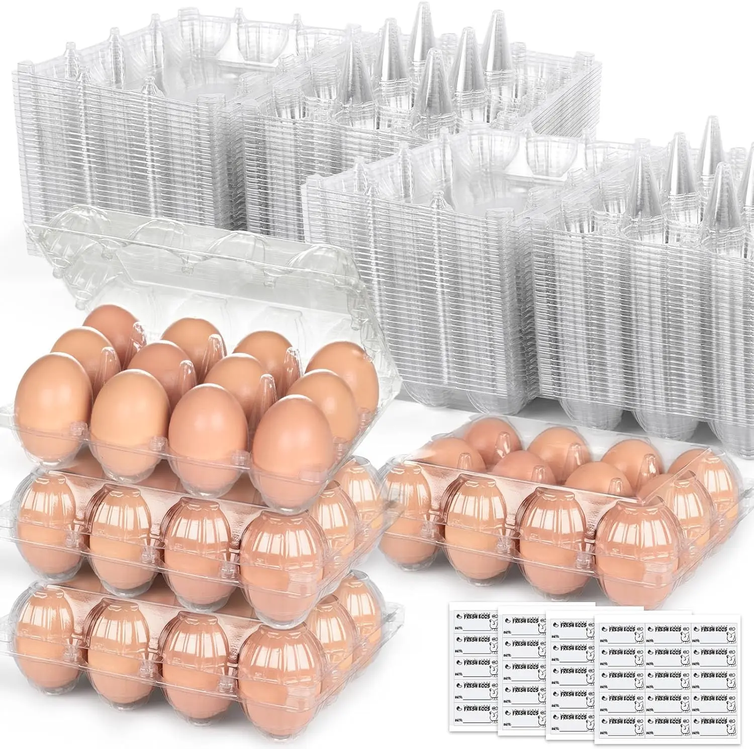 60 Pack 12-Count Clear Plastic Egg Cartons with 60 Date Labels,  PET Dozen Egg Holders for Medium Chicken Eggs, Clamshell Cartons for Farm,  Fridge & Market Display