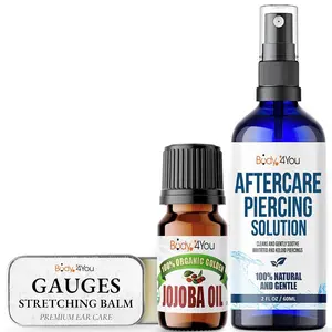 BodyJ4You 3PC Piercing Aftercare Set | Saline Spray Ear Balm Jojoba Oil | Gauges Ear Lobe Nose | Gentle Moisturize