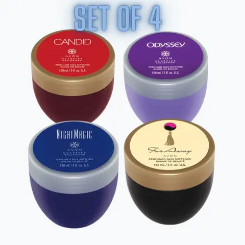 Perfumed Skin Softener SET of 4. Far Away, Candid, Oddesey and Night Magic Scented Fragrance. Perfumed Floral Skin Softener Set