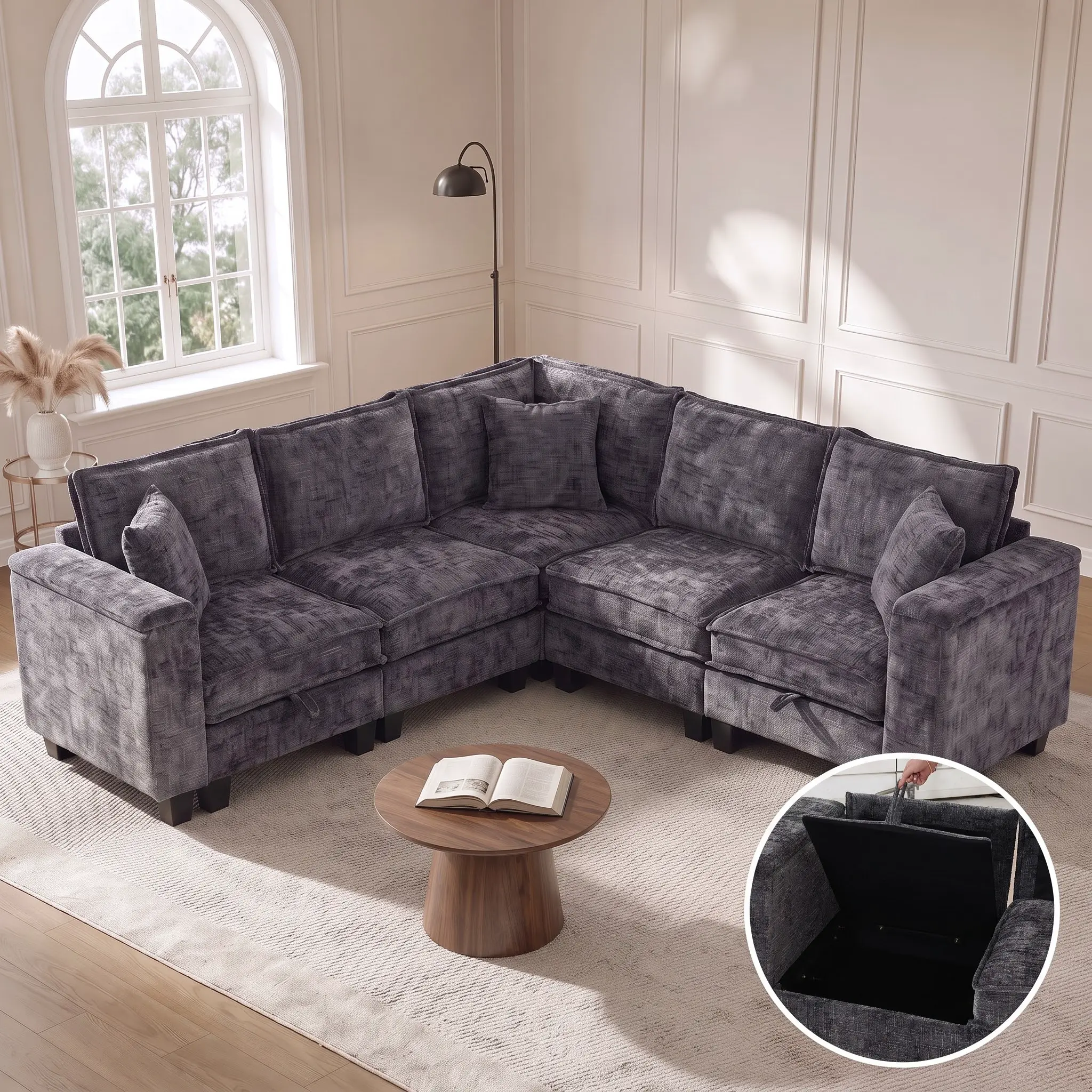 89"L Shaped Cloud Couch with Storage, 5-Seater V Shaped Modular Sectional Sofa with Corner Section, Large Cushions, Chenille Deep Seat Couch for Living Room