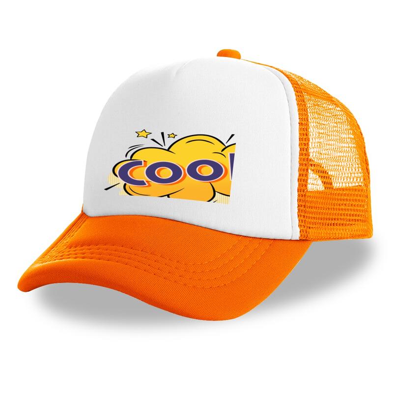 Unisex Retro Pop Art Graphic Trucker Hat - Orange White, Breathable Polyester Mesh Back, Full Brim, One Size Adjustable Fashion Baseball Cap for Casual Outdoor Sun Use #sohochic