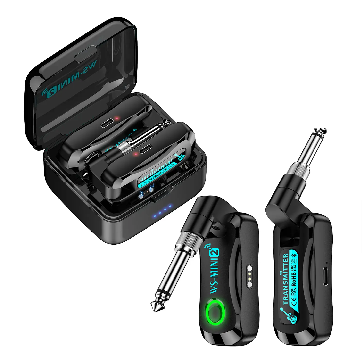 TYPC-C 2. 4G Wireless Transmitter Receiver System, Black, USB Charging, Plastic, with 6. 35mm and 3. 5mm Audio Jack, LED Battery Display, Auto Power Off, 20Hrs Long Battery Life, for Electric Guitar, Bass, Other Electronic Instruments