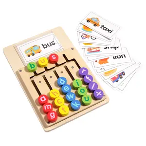 Wooden Word Pairing Game Set, Preschool Language Learning Tool, Includes 12 Dual-Sided Flashcards, Ideal for Learning English Vocabulary & Letters, Perfect Gift for Kids Ages 3-6