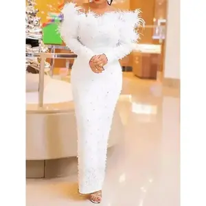 Feather beading party dress for women sexy off shoulder long sleeve elegant bodycon formal event evening wedding robe Womenswear Light Basic Minimalist