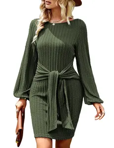 Women's Casual Knit Dress Long Lantern Sleeve Fall Bodycon Dress Crewneck Tie Waist Rib Knitted Sweater Dresses