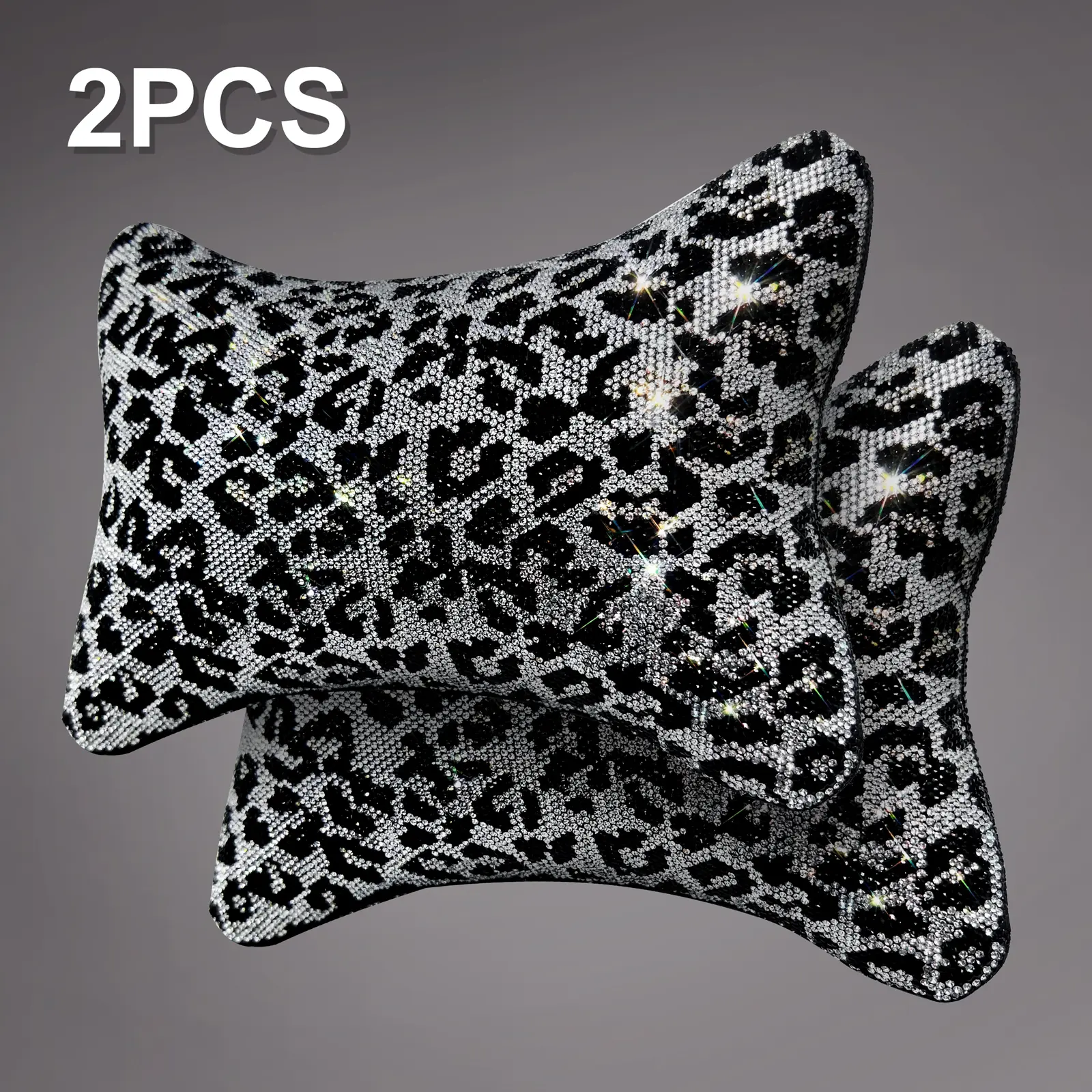 Queen’s Land 2PCS Sparkly Leopard Car Headrest Pillows, Soft Car Pillows for Girls Bling Rhinestones Diamond Car Accessories for Women, Car Decor for Girl, Pink Red Black Leopard Car Accessories Gift