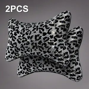 Queen’s Land 2PCS Sparkly Leopard Car Headrest Pillows, Soft Car Pillows for Girls Bling Rhinestones Diamond Car Accessories for Women, Car Decor for Girl, Pink Red Black Leopard Car Accessories Gift