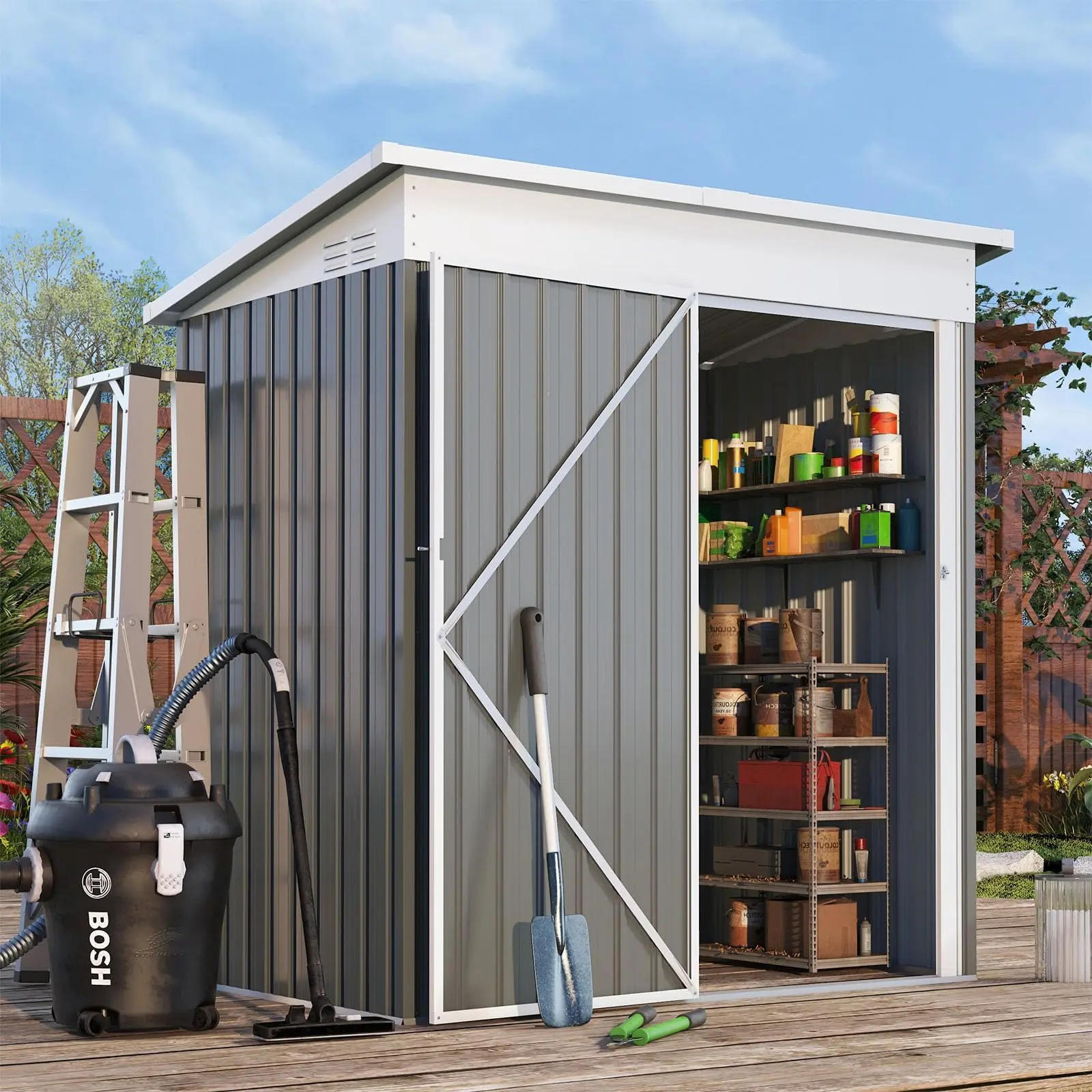 【No base】AECOJOY 5' x 3' Galvanized Metal Outdoor Storage Shed with Lockable Door Utility & Tool Storage for Garden Backyard Patio Modern Shelf Grey Adjustable Frames