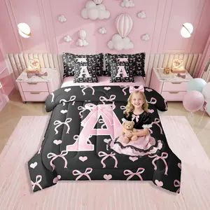 Feelyou 7-Piece Initial Letter Bedding Set - Ultra Soft Microfiber Bedroom Bedding for Girls, Black Pink Alphabet Design with Fitted Sheet, Flat Sheet, Ombre Ribbon Knot, Kawaii Love Hearts, All-Season Bowknot Bed Bag