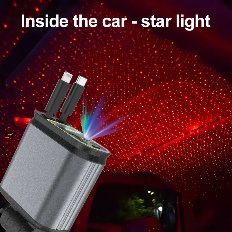 W&O Starlight In  Roof Retractable Charger with Lighting Cable, Dual Charge Port , Fast Charging Adapter -Automotive 4-in-1  car charger  red light