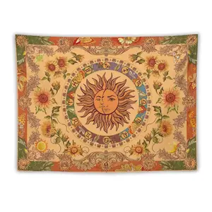 【DailyNap】Yellow Sun and Moon Tapestry Vintage Bohemian Style Tapestry Wall Decor with Sunflower and Constellation Patterns Suitable for Bedrooms, Dorm Rooms, and Living Rooms Floral Decorative blanket
