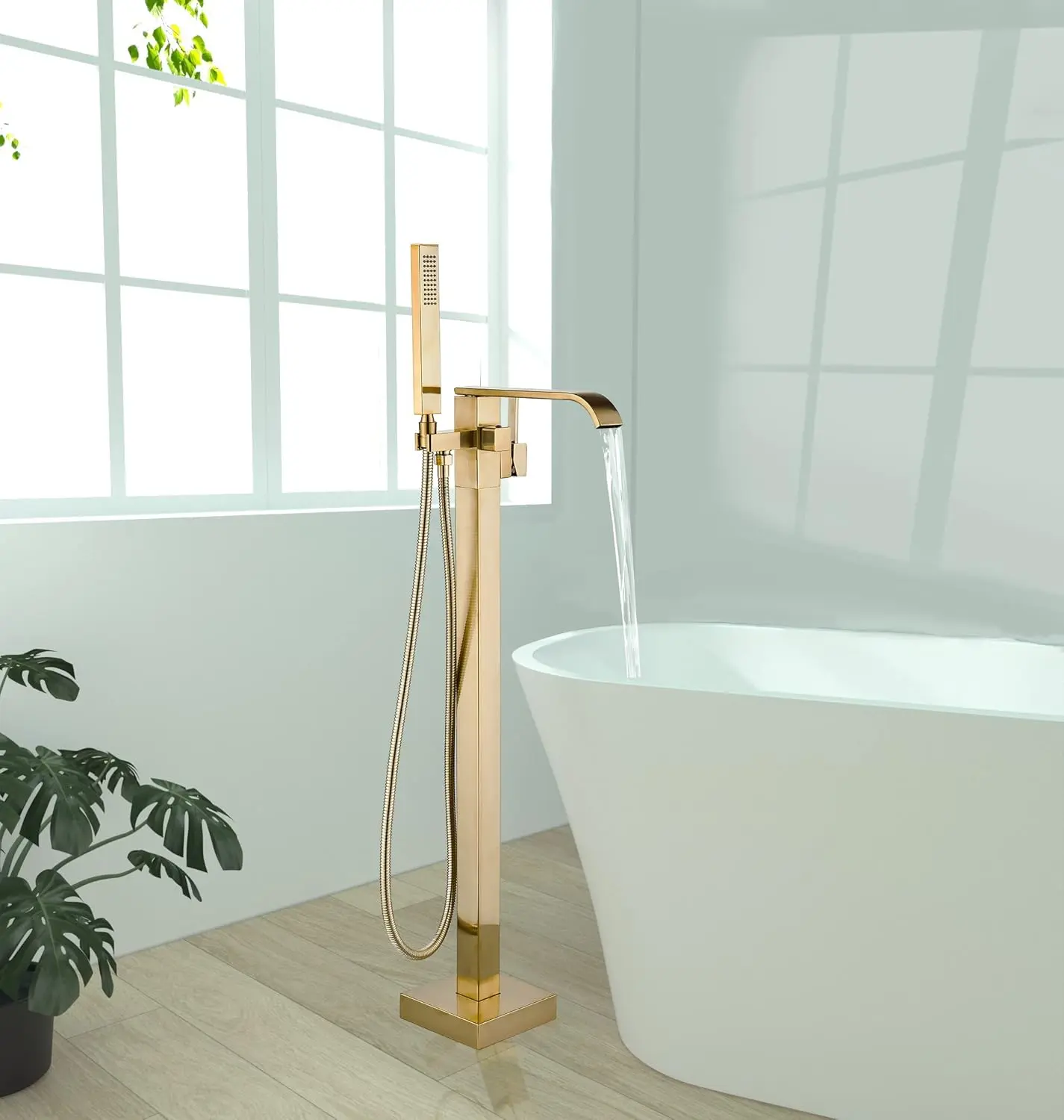 Modern Floor-Mounted Bathroom Tub Filler Faucet - Polished Gold Waterfall Spout, Free-Standing Handle, 3/8" Connector Handheld Sprayer, Custom Hoses, Ceramic & Steel Durable Build, 99cm Length, Easy Operation, Hot/Cold Flow, for Any Style Decoration, Floo