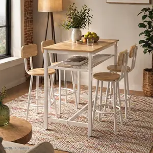 5-Piece Counter Height Kitchen Table Set with 4 Chairs, Arch MDF & Iron Pub Bar Table, Space-Saving Indoor Furniture Set with Storage Net for Apartments, Kitchen Table Sets