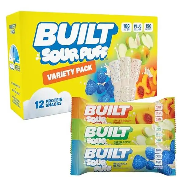 BUILT Sour Puff Protein Bar, Variety Pack, 16g Protein - 12 Count | Sour Gummy, Candy-like Protein Snack Bars with Collagen, Calorie Conscious, Gluten Free