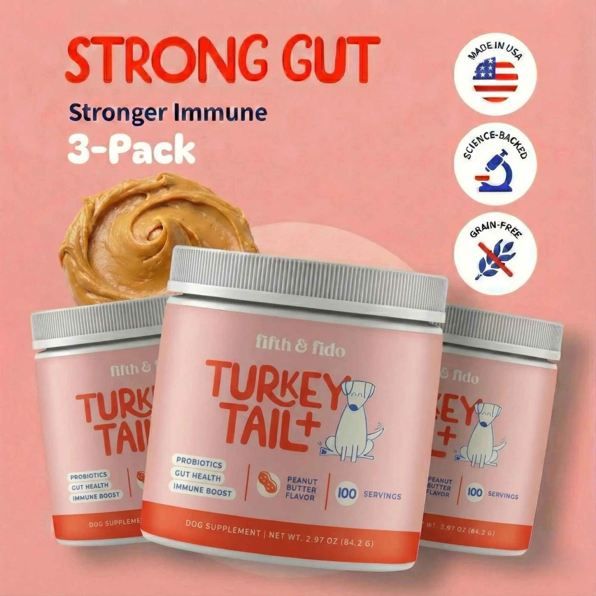 Fifth and Fido 3-Pack Turkey Tail Mushroom Blend Dog Health Supplements, Peanut Butter Flavor Fast-Acting Sprinkle-On Dog Food Topper, Immunity Support, Lump Care