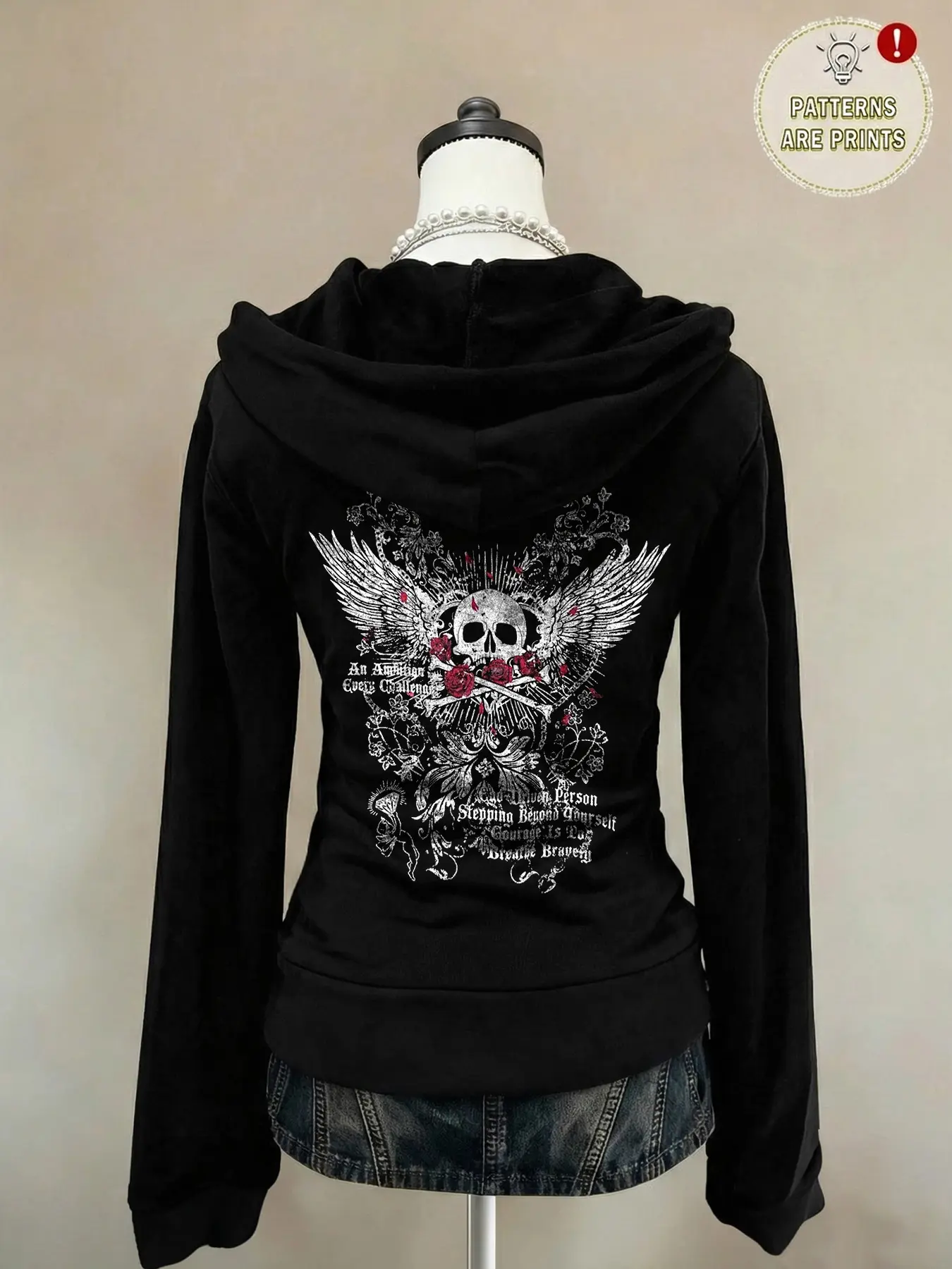 Women's Hooded Zipper Fitted Casual Streetwear Sweatshirt, Vintage Skull Rose Floral Print Jacket, Long Sleeve Pullover, Casual Everyday Outdoor Comfortable Fashion, Fashion Hoodies, Womenswear