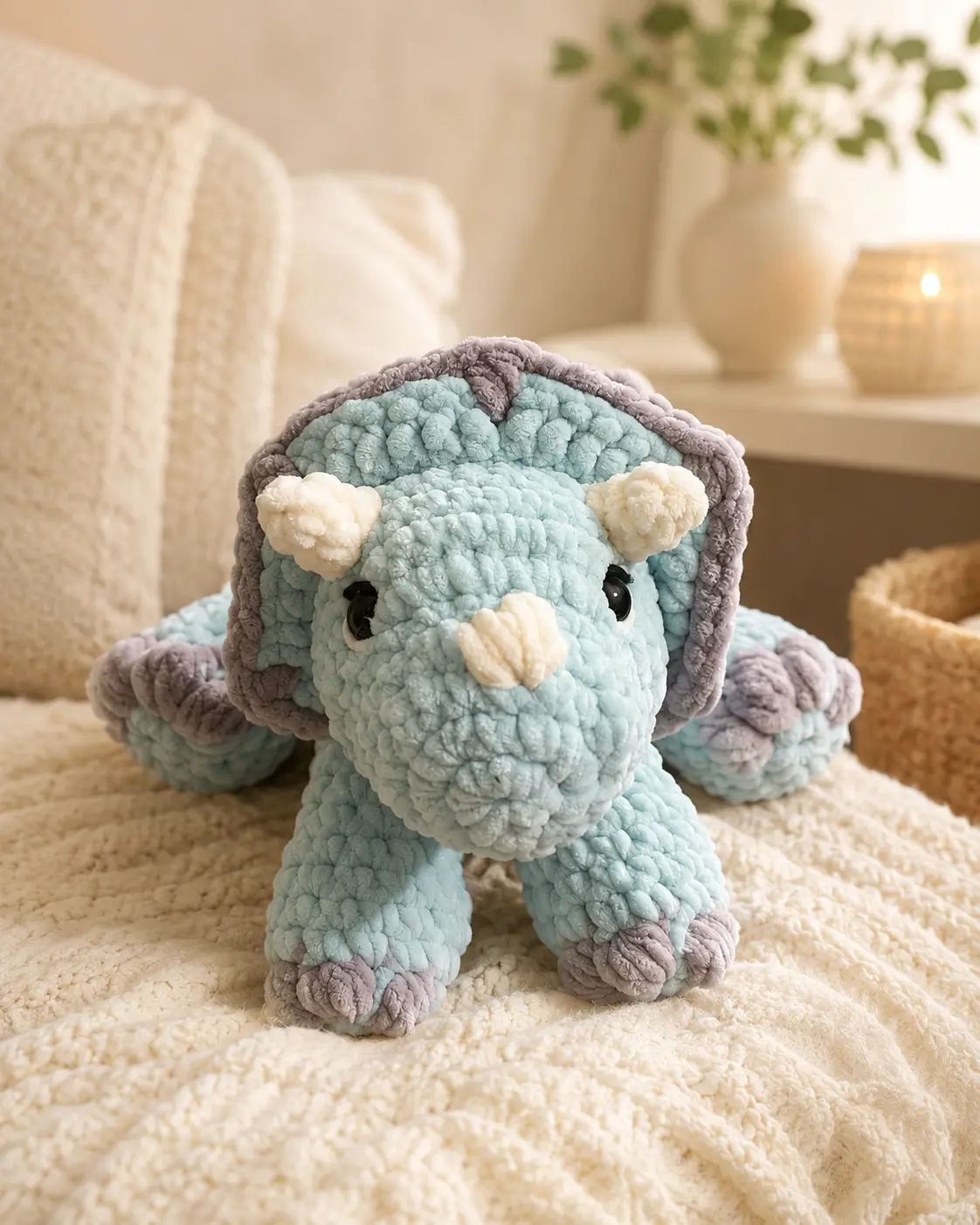 Crochet Bliss by V Handmade Jumbo Weighted Triceratops Crochet Plush, Soft Blue Dinosaur Stuffed Animal with Gray Horns, Weighted Filling & Cozy Room Decor