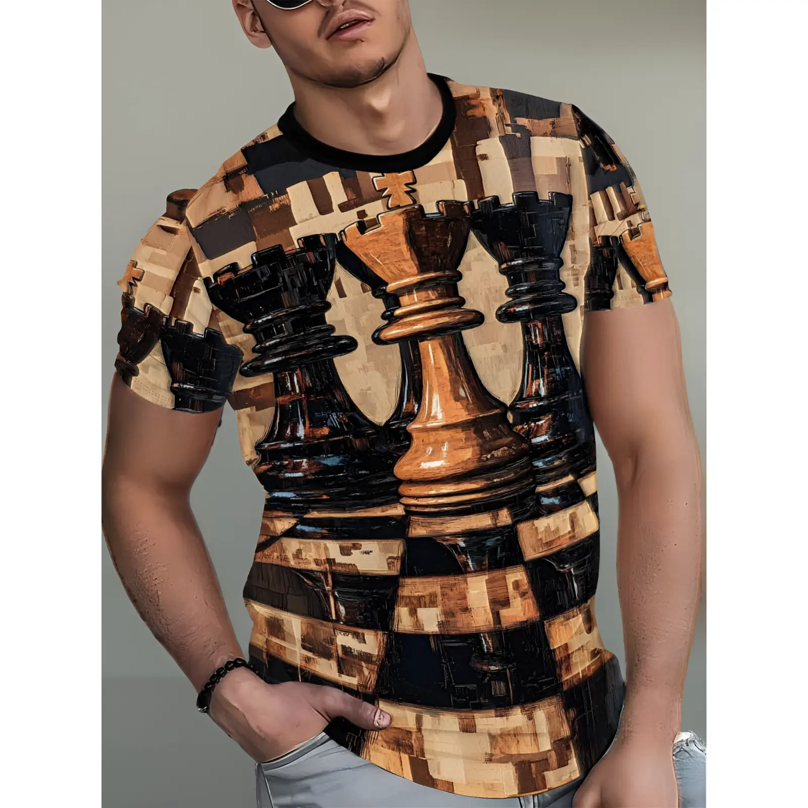 Mens Chess-Themed T-Shirt with King & Knight - Watercolor Chess Print Round Neck Shirt, Suitable for Summer Casual Wear, Chess Tournaments & Gifts for Players, Durable Machine Washable Chess Apparel, PLUS SIZE