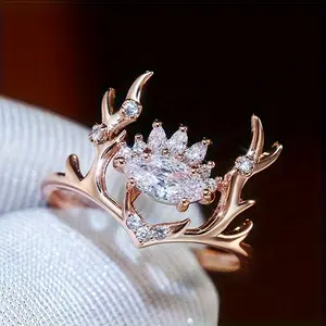Exquisitely Crafted Deer Antler Zirconia Couple Rings  Creative Design Wedding & Engagement Rings  Bride's Eternity Promise Ring/Anniversary Birthstone Jewelry  Romantic Holiday Gift