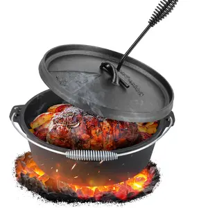 【fathersdaygift】TLGREEN Dutch Oven Pot with Lid, 12/8/6.2/4.2 Cast Iron Dutch Oven, without Feet, with Stand & Spiral-shaped Handle, Cast Iron Pot for Outdoor & Indoor, black Camp Stove，Camping Gear ，Cookware