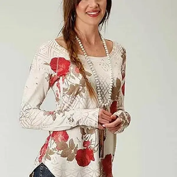 Roper Women's Tan/Red/Cream Floral Print Jersey Sweater