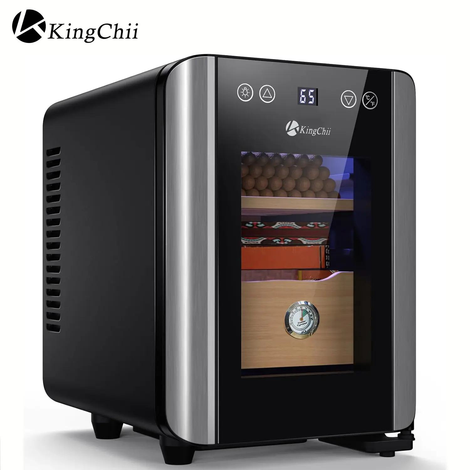 KingChii 8L Premium Electric Humidor - Temperature Control, Spanish Cedar Wood Shelves, Hygrometer, 2-Layer 80-Capacity Storage Cabinet, 13"d x 9.8"w x 13"h, 13.2lb, Home Appliance Gift for Men (Father's Day, Birthdays, Wine Cellar Use)
