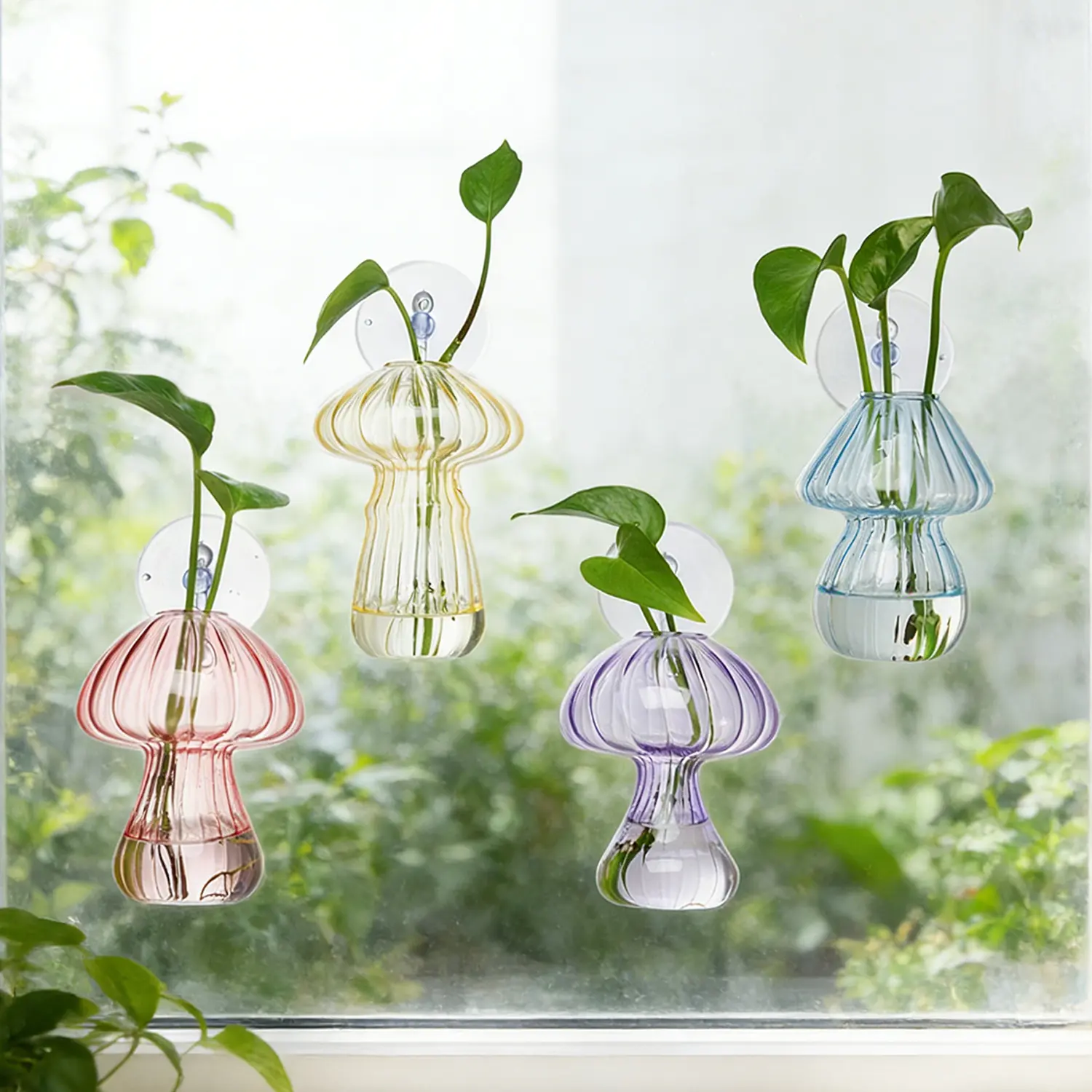 4-Piece Whimsical Colorful Compact Hanging Glass Plant Pot Set - Window-Mounted Indoor Planters with Suction Cups, No-Tools-Needed Propagation Station, Vase for Flowers, Ideal for Valentine’s Day, Mother's Day, Birthdays