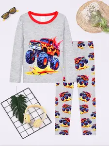 Boys Round Neck Long Sleeve Set, Digital Print Car Theme Sleepwear, Casual Comfortable Homeewear, Fits 2-12 Years, All Seasons, Cartoon Print Pajama, Casual Comfy Pajama, Pajama Sets, Cartoon Pattern Pajamas