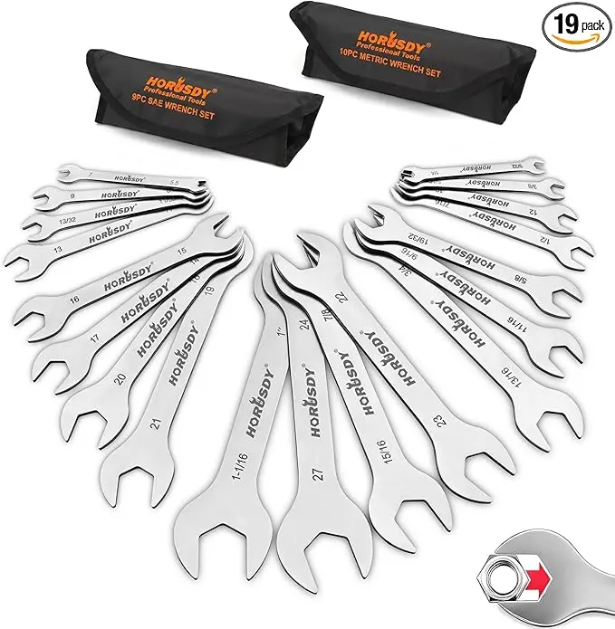 19pc Super-Thin Open End Wrench Set, Bike Wrench Set with Rolling Pouch,  SAE & Metric  Stainless Steel, 1/4" to 1-1/16" & 5.5mm to 27mm for Mechanics, Gift, Spring Glow Up Tool Set Hand Tool Set