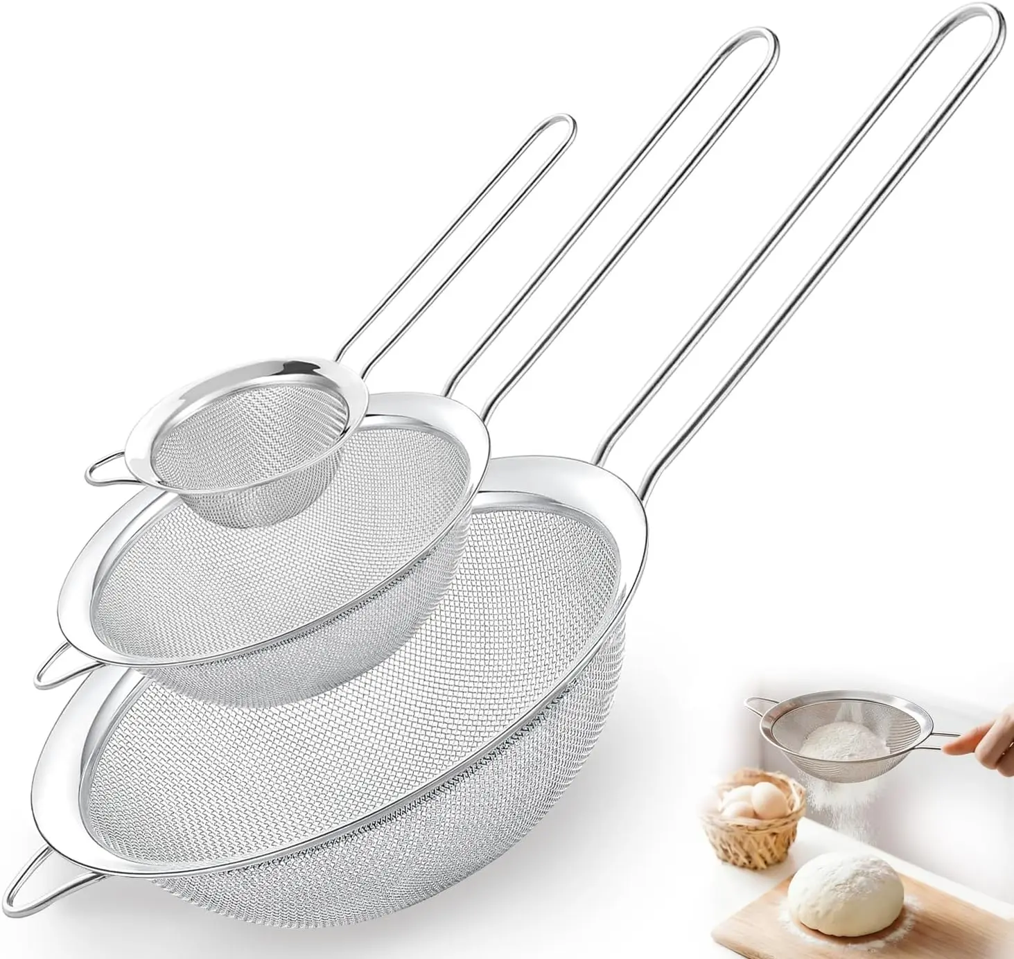 3-Piece Stainless Steel Fine Mesh Strainer Set with Handles, Small-Medium-Large Sifters, Kitchen Colander for Pasta Sifting, Straining & Cooking