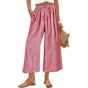 ANRABESS Womens Striped Gingham Palazzo Capri Pants Wide Leg Pajama Lounge Trousers Plaid Cute Crop PJ Bottoms with Pockets