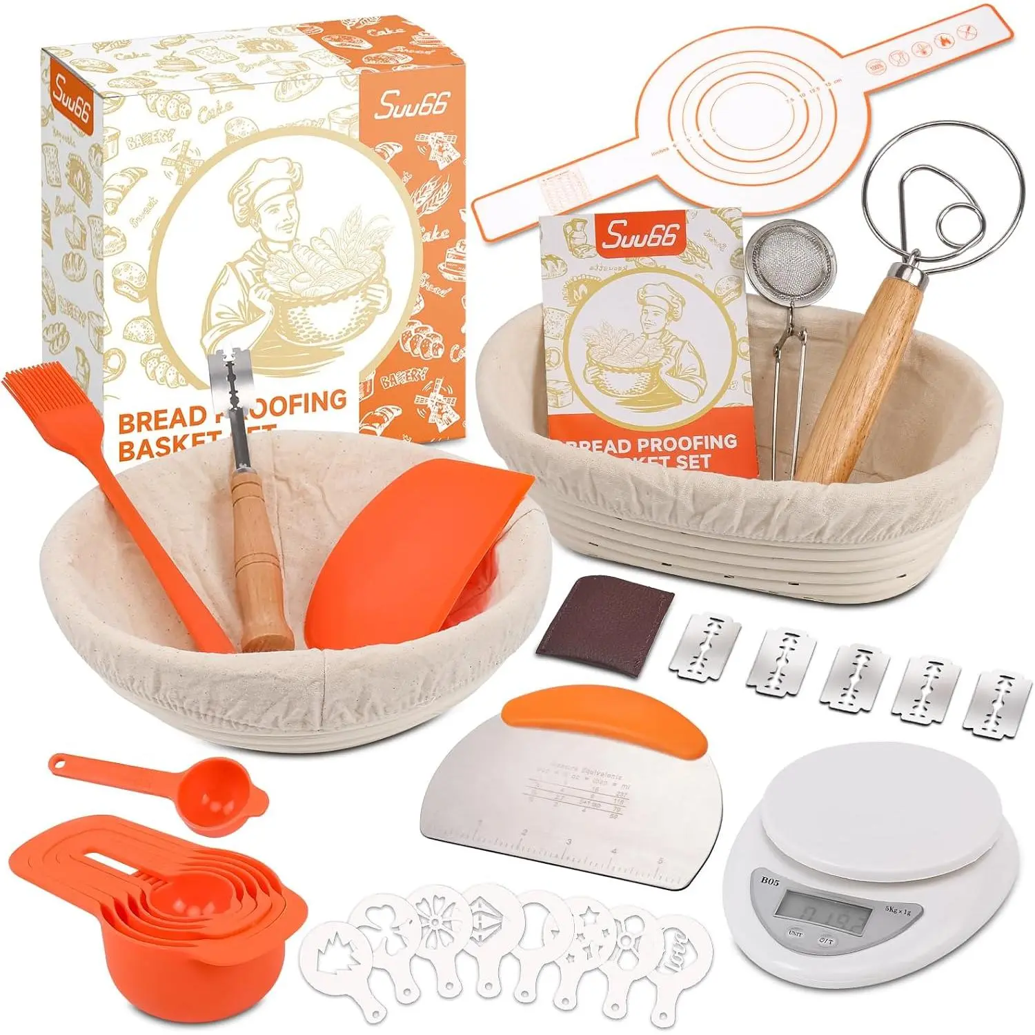 30-Pcs Multi-Size Sourdough Bread Baking Supplies Kit - Mixed Materials Starter Set with 9in Round/10in Oval Banneton Proofing Baskets, Precise Tools, Electronic Scale, Bakeware Utensils for Home Baking, Round/Oval Baskets, Accurate Ingredient Control