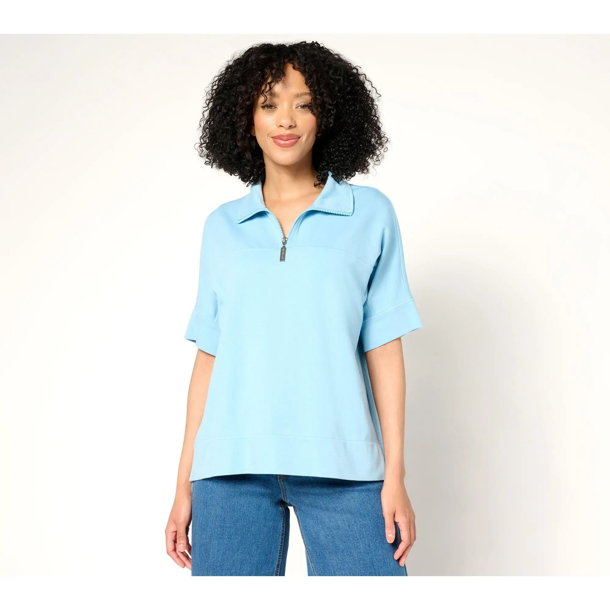 Peace Love World Zip Mock Neck Short Sleeve Top