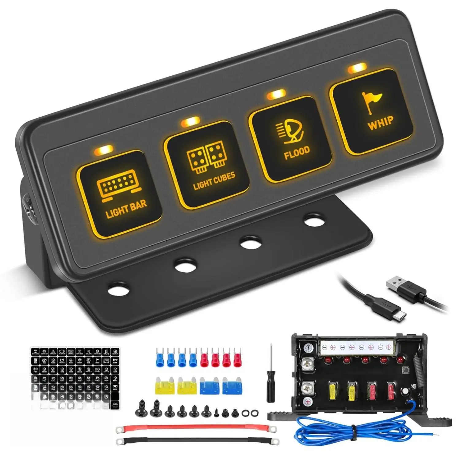 Minimalist 4-Gang Wireless Switch Panel with Toggle Pulse, Auxiliary Lights Control, Easy Setup 12V Relay System for Trucks/SUV, UTV, Marine Vehicles