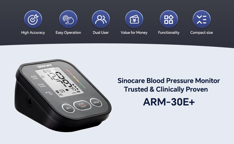 【Father'sDayGift】Sinocare 30E Blood Pressure Monitor,Adjustable Cuff 8.6"-16.5",  Monitoring Accuracy, One-Button Operation, Dual User Mode, Posture Detection & Irregular Heartbeat Alert,Blood Pressure Monitor Measurement, Ease Of Use