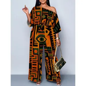 Women's Chic African Print 1-Shoulder Jumpsuit - Vibrant Dashiki Geometric Pattern, Polyester Wide-Leg Romper Pants, Beach-Ready Fit,summervibes