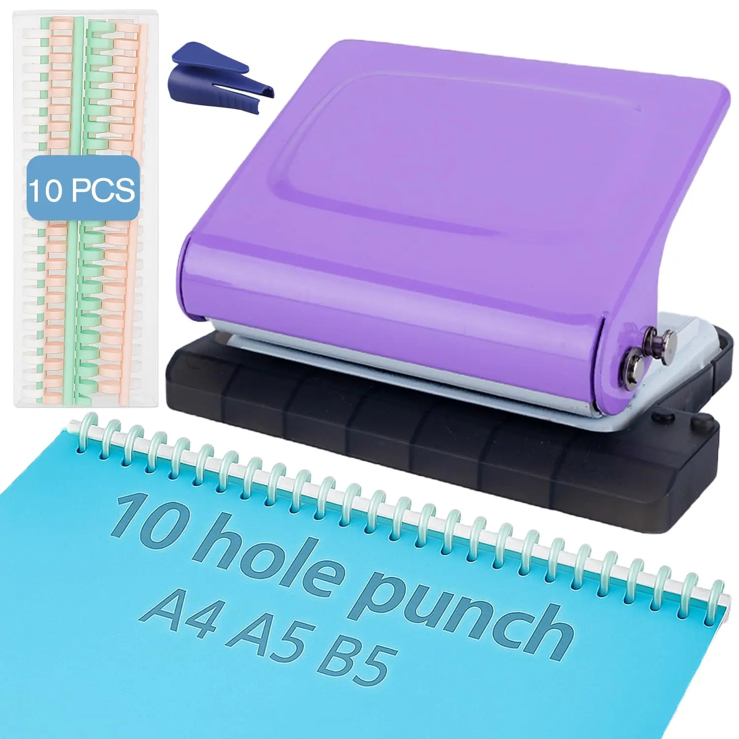 10-Hole Binding Machine for Planner (Purple) - Manual Punch with 10 Multi-Color Binding Spines - Punches 26 Holes on B5, 30 Holes on A4, 20 Holes on A5 Paper