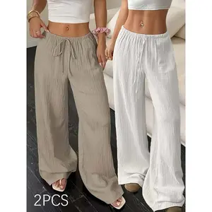 Women's 2-Piece Basic Casual Joggers Set - Spring/Summer Solid Wide-Leg Sporty Joggers with Belt, Pockets for Sports, Outdoor Activities