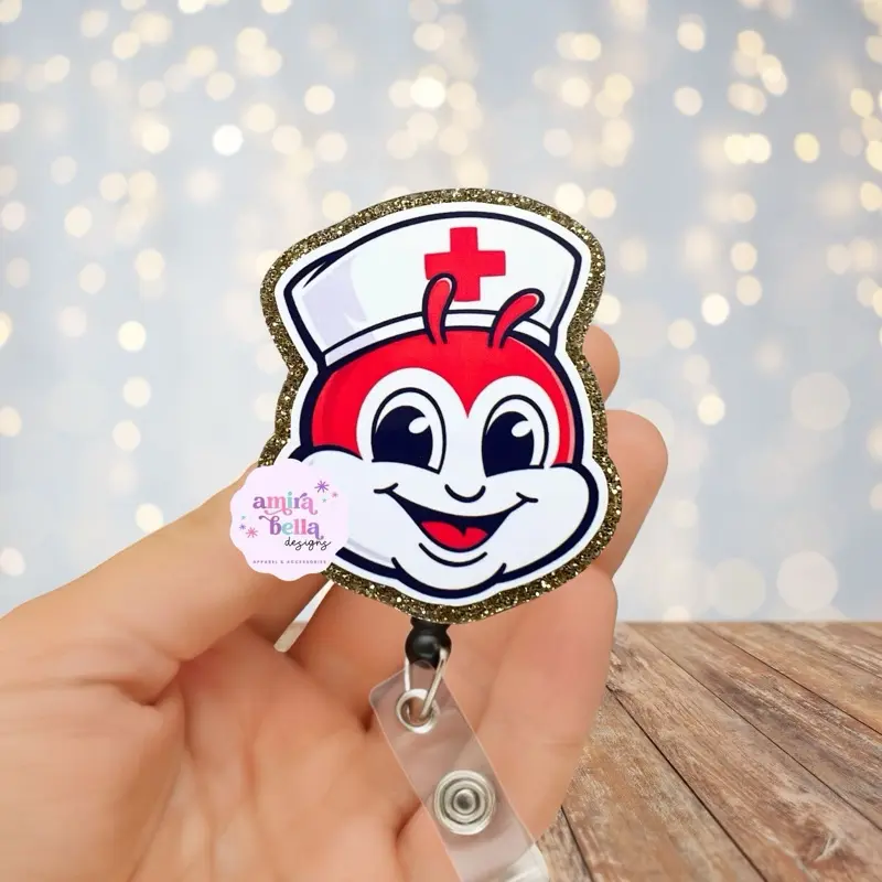 JolliNurse Badge Reel Jollibee Inspired Design with Glitter Trim and Clear Plastic Clip for Easy Attachment