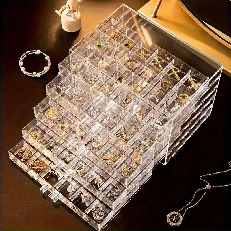 Modern Multi-Layer Transparent Drawer Jewelry Organizer | Durable Plastic Desktop and Vanity Multilayer Storage Box with Multi-Compartment Design, Anti-Tangle, Space-Saving, Sturdy for Necklaces, Bracelets, Earrings, Rings, Jewelry Boxes